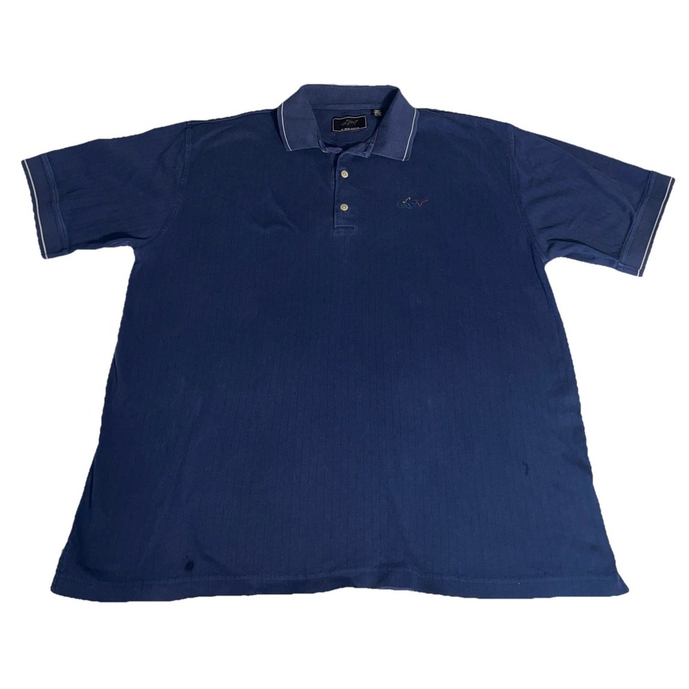 VTG Greg Norman Shark Logo Mens XL Polo Shirt Navy Blue Ribbed 100%cotton